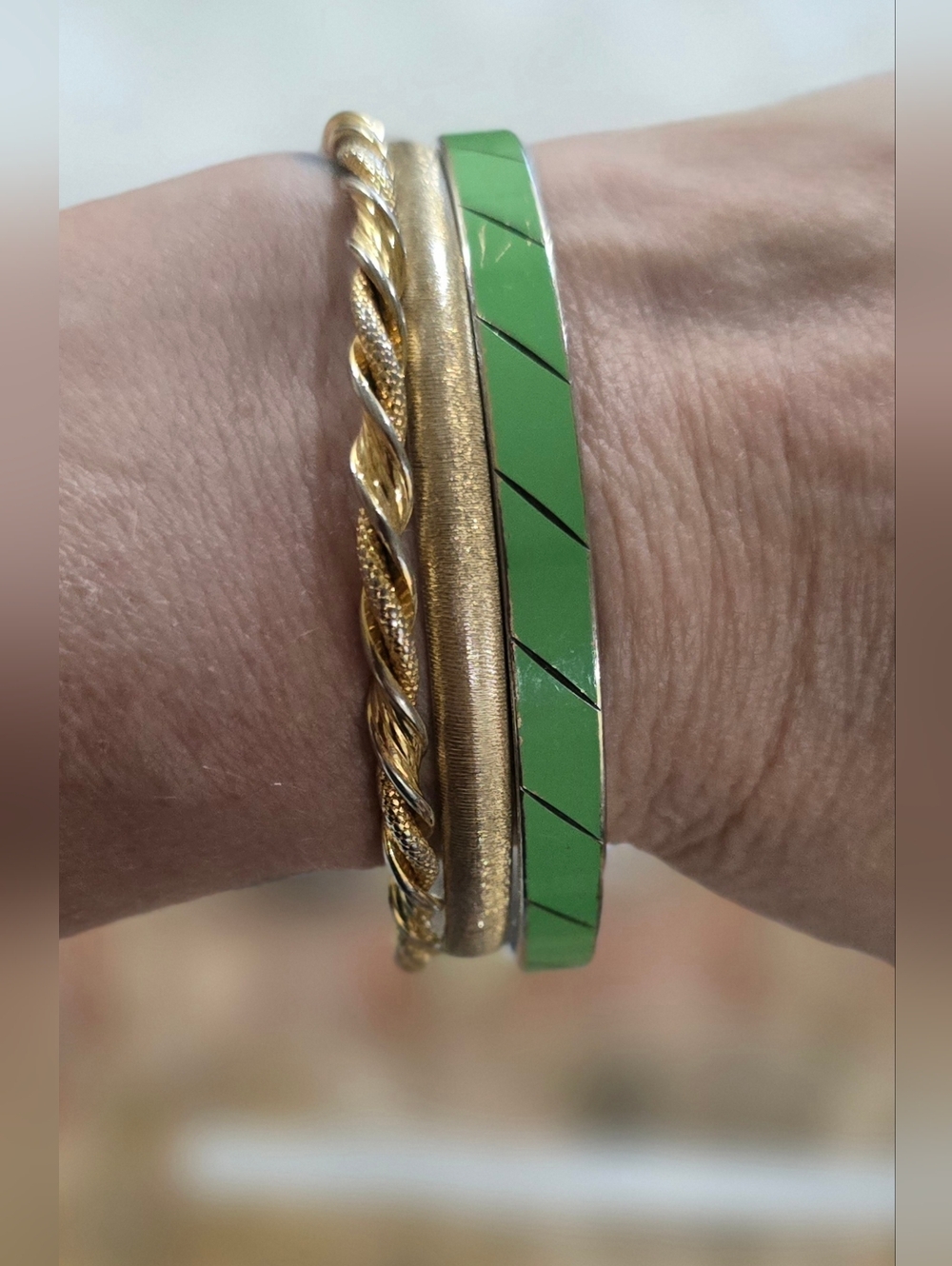 Green and Gold Stackable Bangle 3 Piece Set